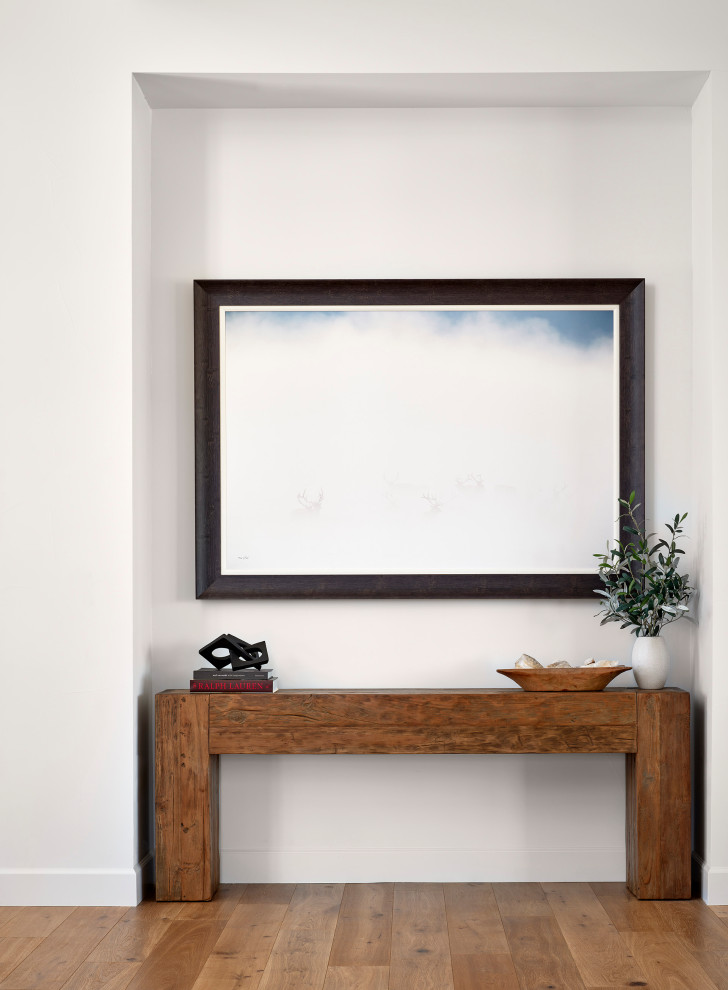 Inspiration for a transitional medium tone wood floor foyer remodel in Denver with white walls