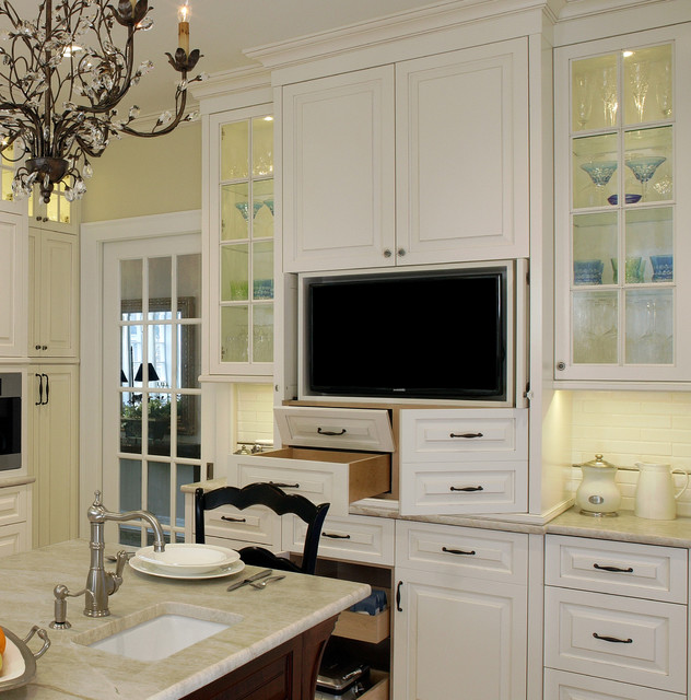 Tv In Kitchen Cabinet With Pocket Doors Traditional Kitchen