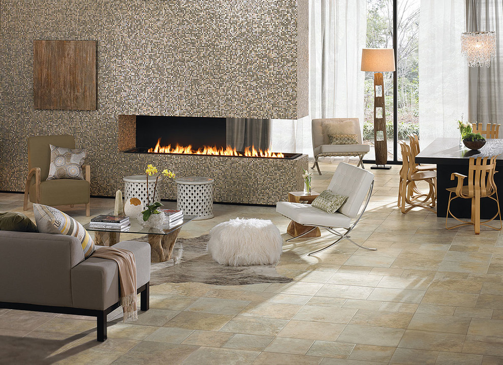 Inspiration for a large contemporary formal and open concept beige floor and porcelain tile living room remodel in DC Metro with a two-sided fireplace and a tile fireplace