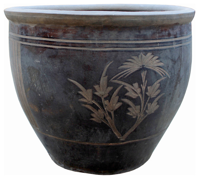 Vintage Finish Look Chinese Brown Clay Ceramic Planter Pot cs2356 Asian Indoor Pots And