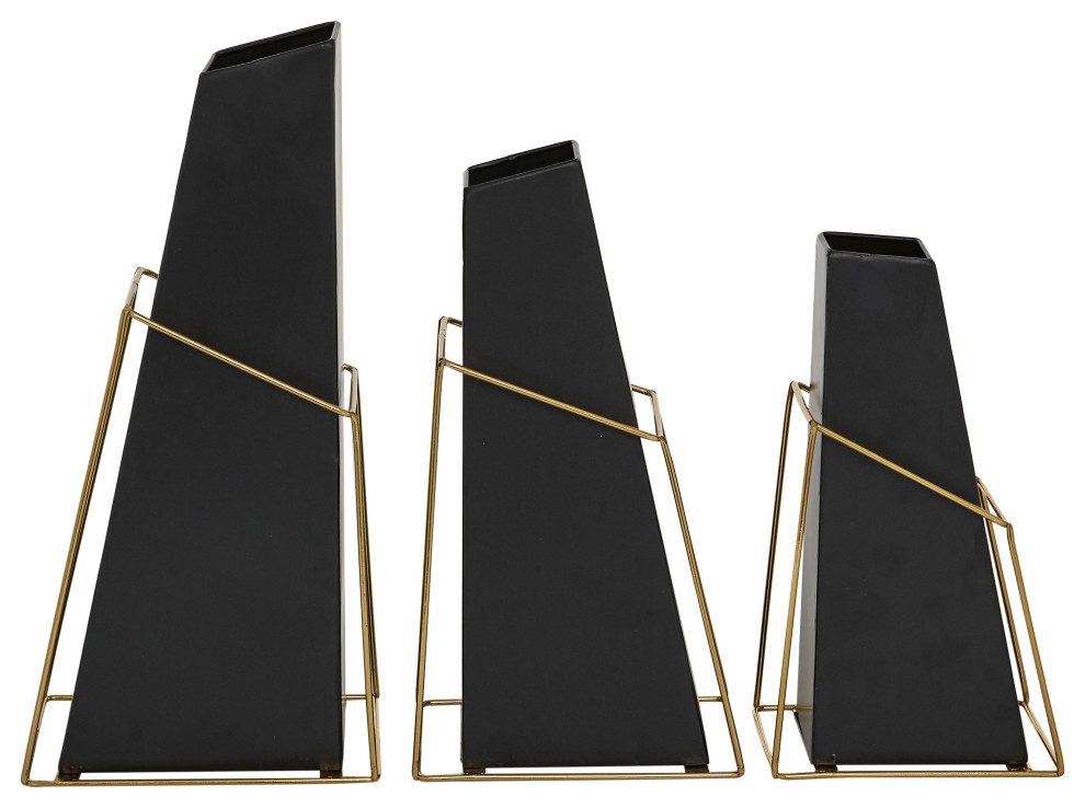 Set of 3 Black Metal Contemporary Vase, 10", 12", 14" Contemporary
