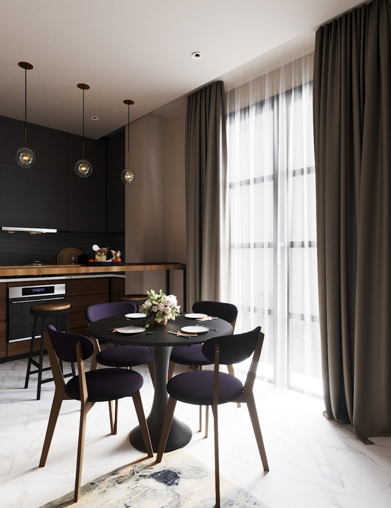 Темно-фиолетовая кухня-гостиная