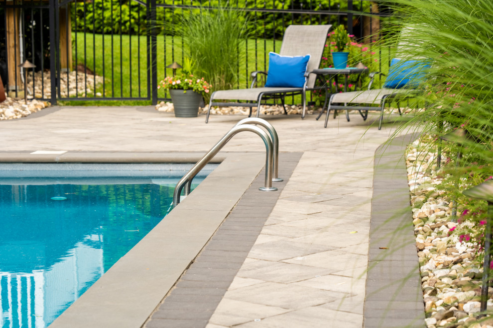 Imagen de piscina alargada contemporánea grande rectangular en patio trasero con paisajismo de piscina y adoquines de hormigón