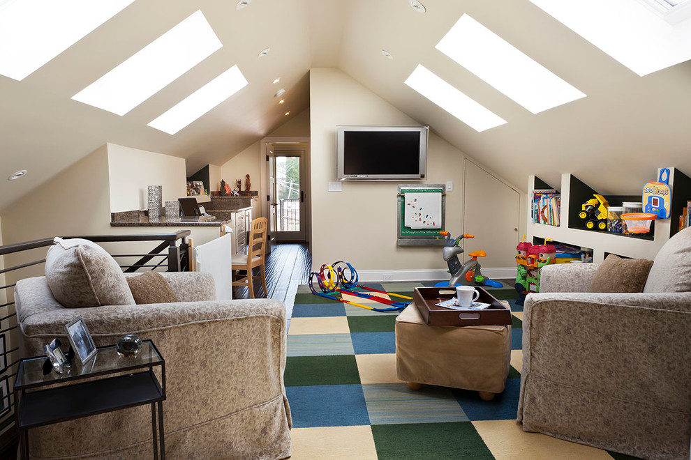 Inspiration for a mid-sized transitional loft-style family room in Chicago with white walls, dark hardwood floors, a wall-mounted tv and brown floor.