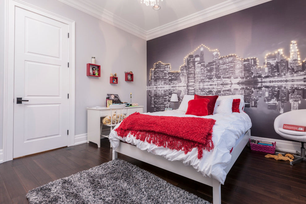 Inspiration for a mid-sized transitional kids' room for girls in Edmonton with grey walls and dark hardwood floors.