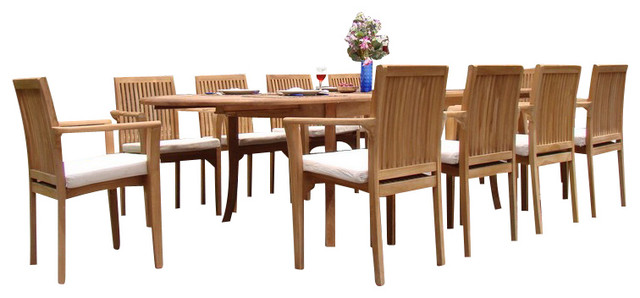 9 Piece Outdoor Teak Dining Set 94 Oval Table 8 Lua Stacking Arm Chairs