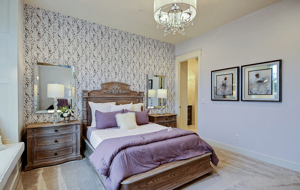 Design ideas for an expansive country guest bedroom in Portland with multi-coloured walls, carpet and beige floor.