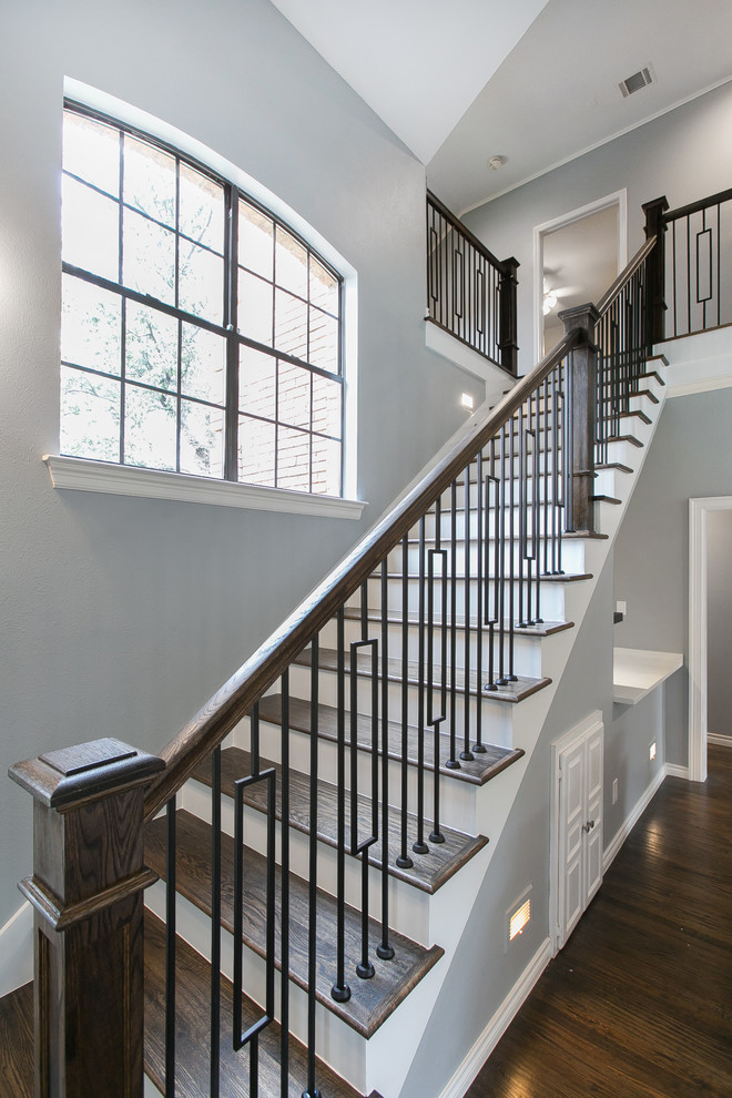 Mid-sized transitional wooden straight mixed material railing staircase photo in Dallas with painted risers
