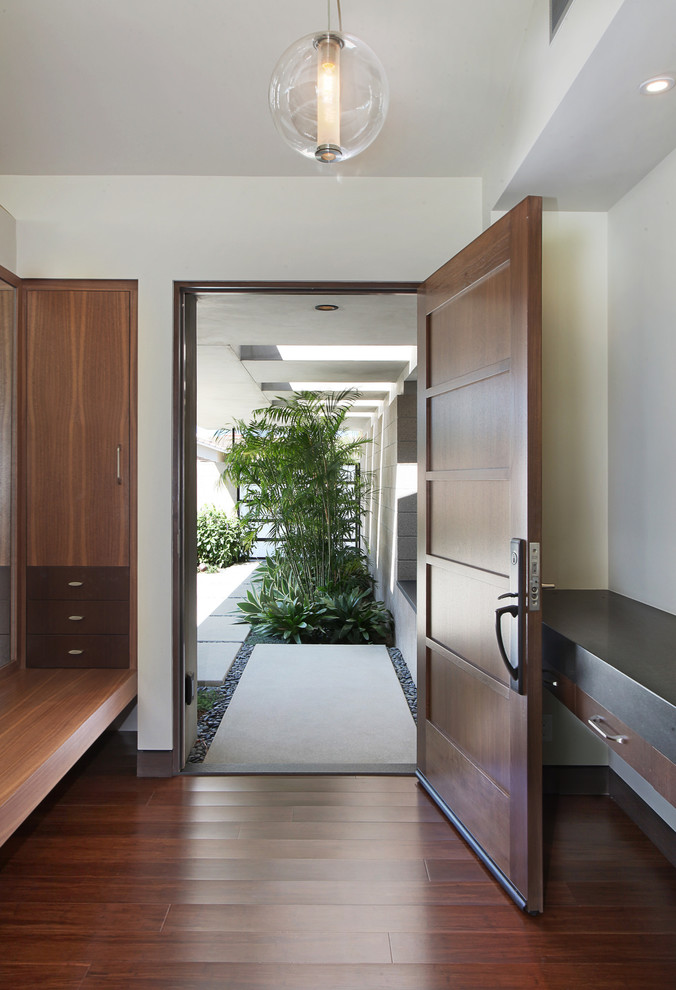 This is an example of a large midcentury front door in Orange County with bamboo floors, a single front door and a medium wood front door.