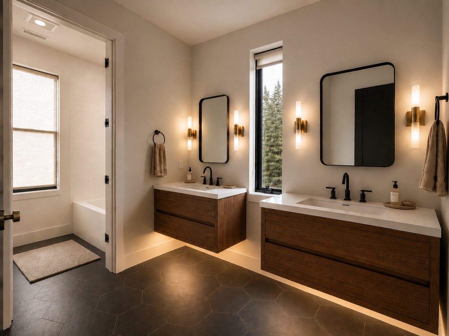 Warm Modern Bathroom with Floating Oak Vanities