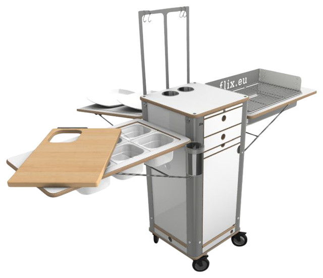 Live Moving Kitchen, Charcoal Grill With 4 Wheels, Pearl White
