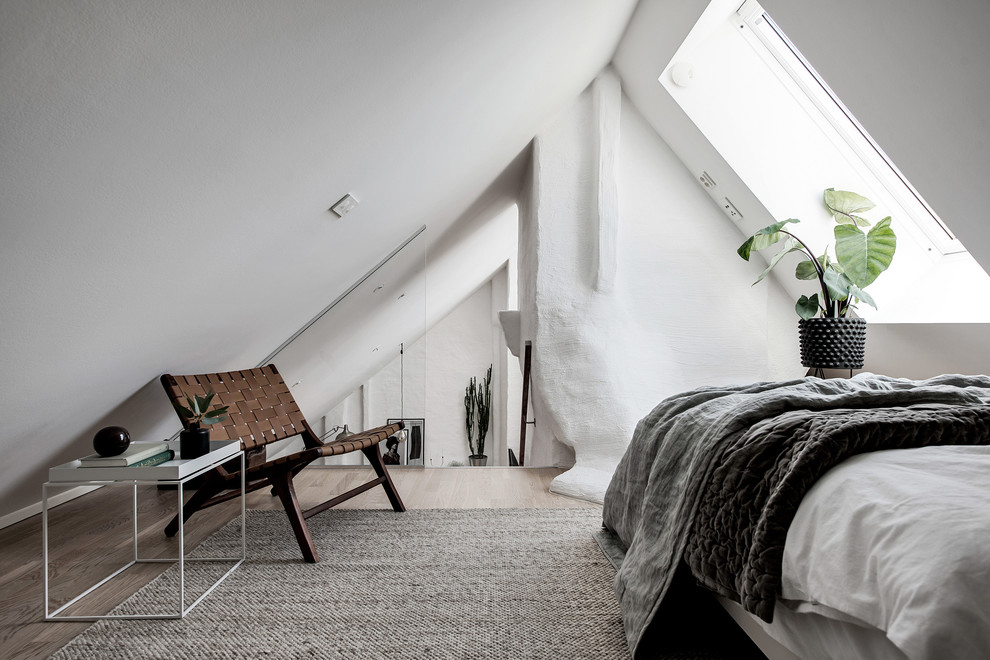 This is an example of a small scandinavian loft-style bedroom in Gothenburg with white walls.