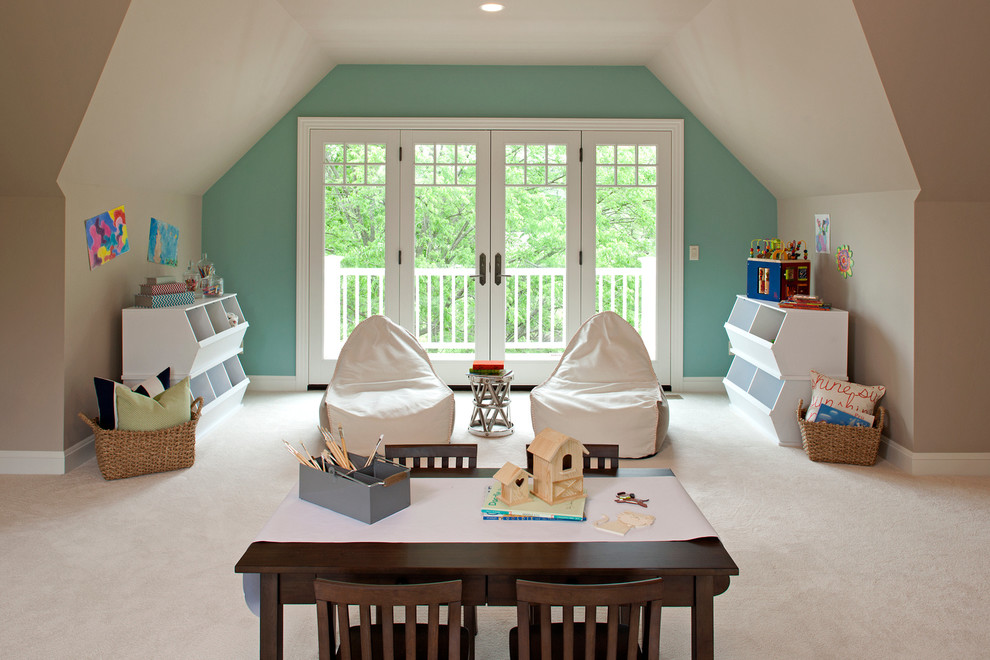 Traditional gender-neutral kids' playroom in Minneapolis with carpet and multi-coloured walls.