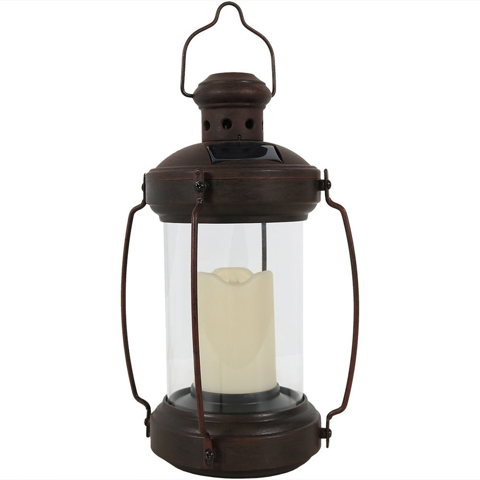 Sunnydaze Outdoor Antique Hanging Solar Lantern with Candle and LED - 12-Inch