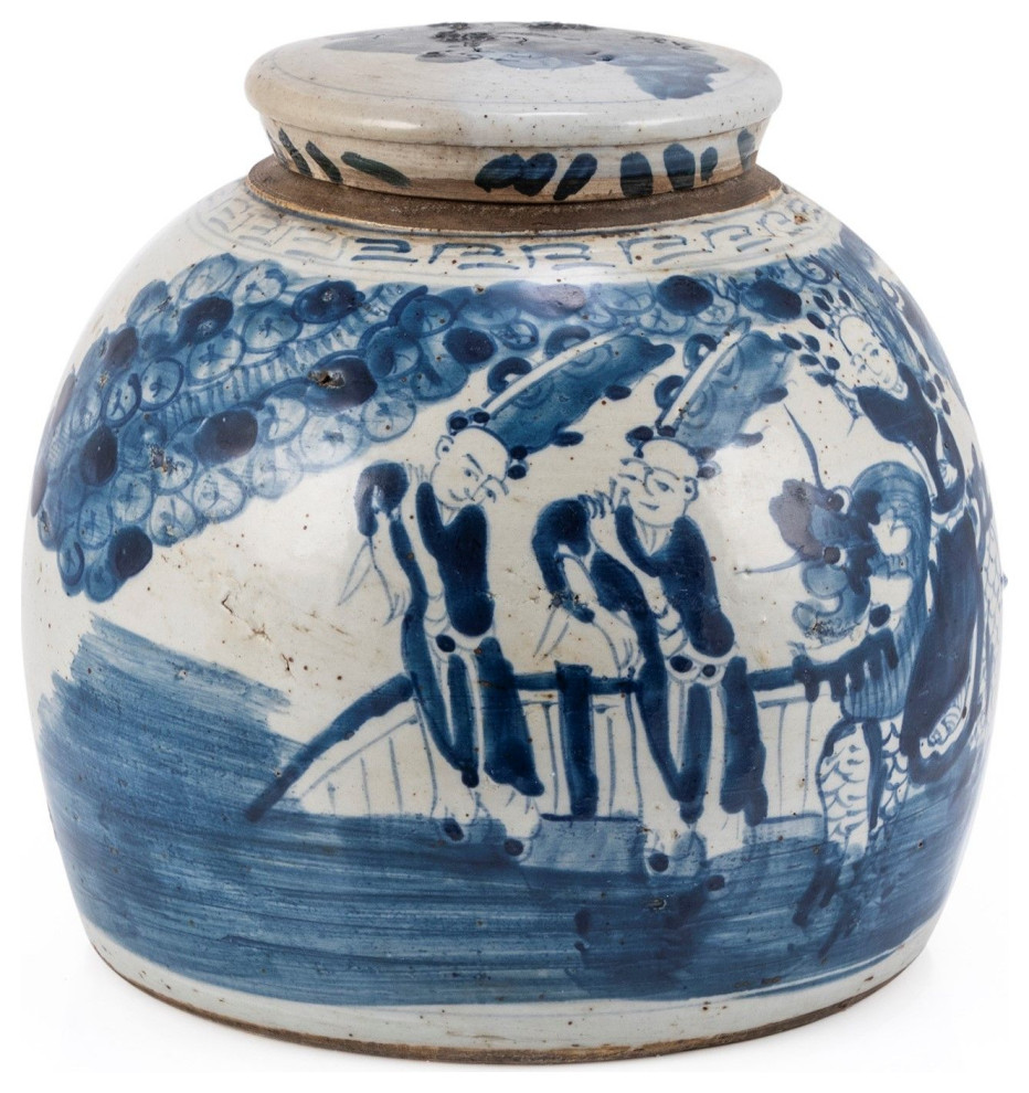 Blue & White Vintage Ming Jar Enchanted Children Motif, Large Asian