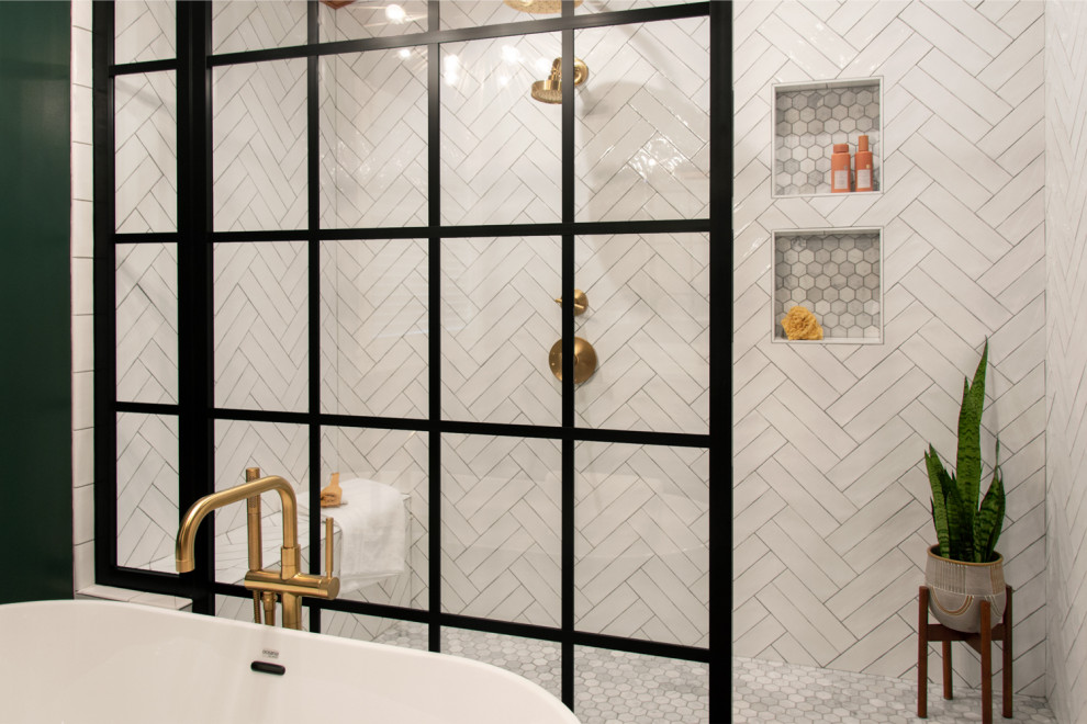 Medium sized midcentury ensuite bathroom in Chicago with shaker cabinets, medium wood cabinets, a freestanding bath, a walk-in shower, white tiles, porcelain tiles, green walls, porcelain flooring, quartz worktops, black floors, an open shower, white worktops, a shower bench, double sinks, a freestanding vanity unit and a wood ceiling.