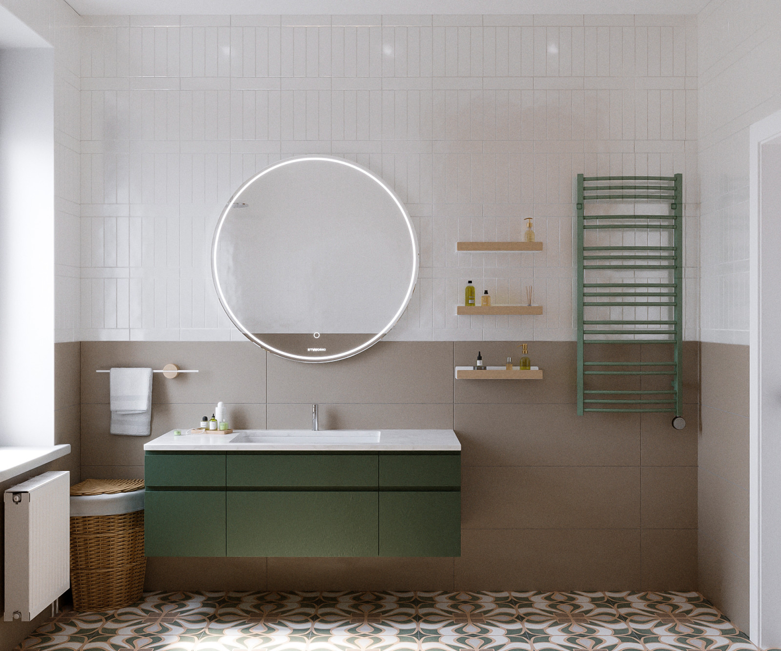 Современный интерьер дома с акцентами лестного цвета