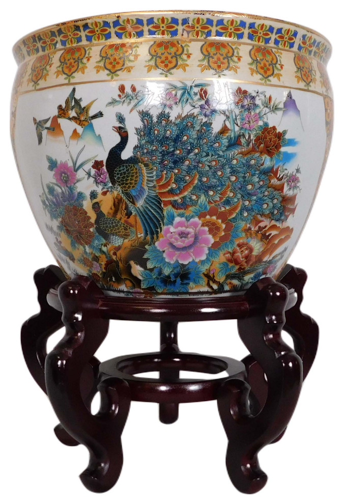 Chinese Porcelain Fish Bowl Planter, Satsuma Peacocks Asian Outdoor Pots And Planters by