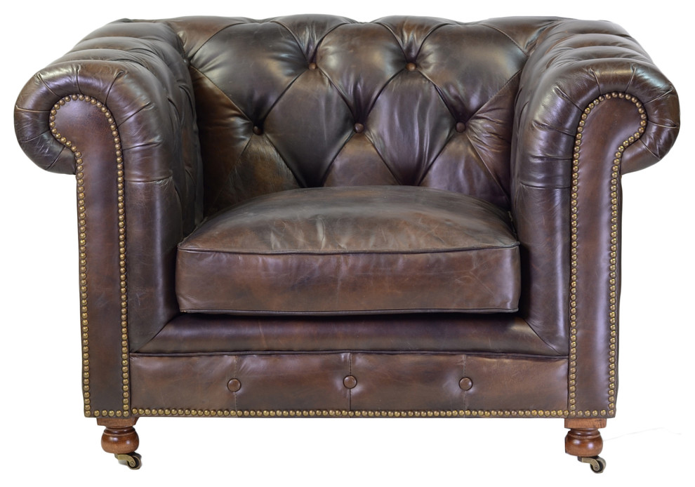 Chesterfield Club Chair, Antique Brown Leather