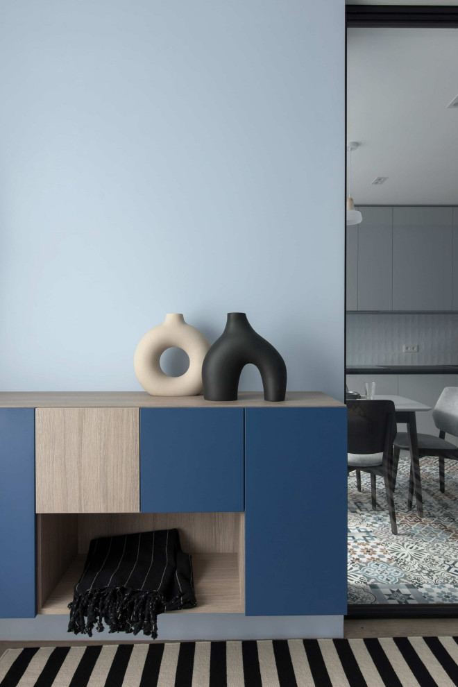 The light blue tones in the interiors of apartment