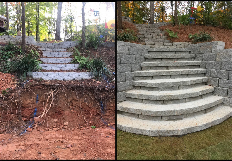 Modular Concrete Block Wall with Steps, Pressure Treated Timber Walls, Sod
