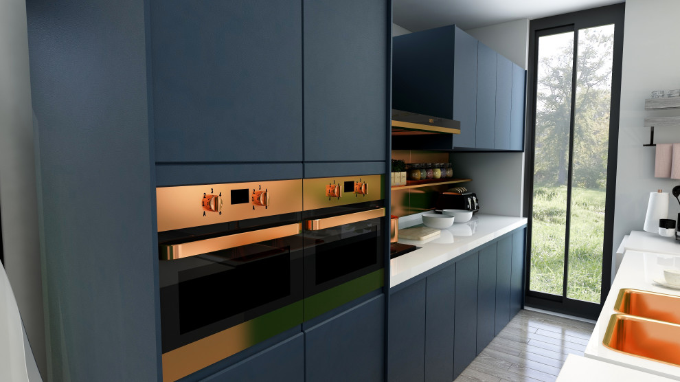 Photo of a modern eat-in kitchen in Other with a double-bowl sink, shaker cabinets, blue cabinets, laminate benchtops, pink splashback, ceramic splashback, coloured appliances, laminate floors, with island, grey floor and white benchtop.