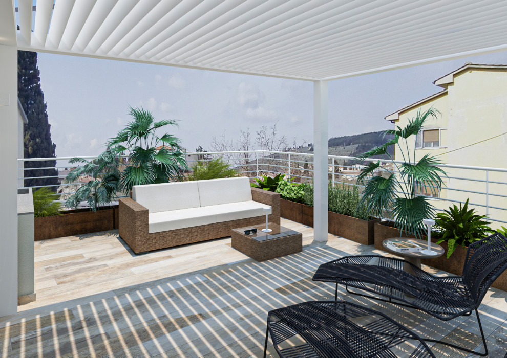 Design ideas for a large modern rooftop and rooftop deck in Florence with a container garden, a pergola and metal railing.