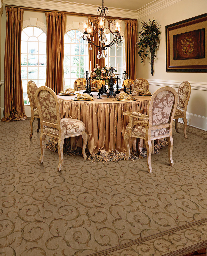 Traditional dining room in Boston with carpet.