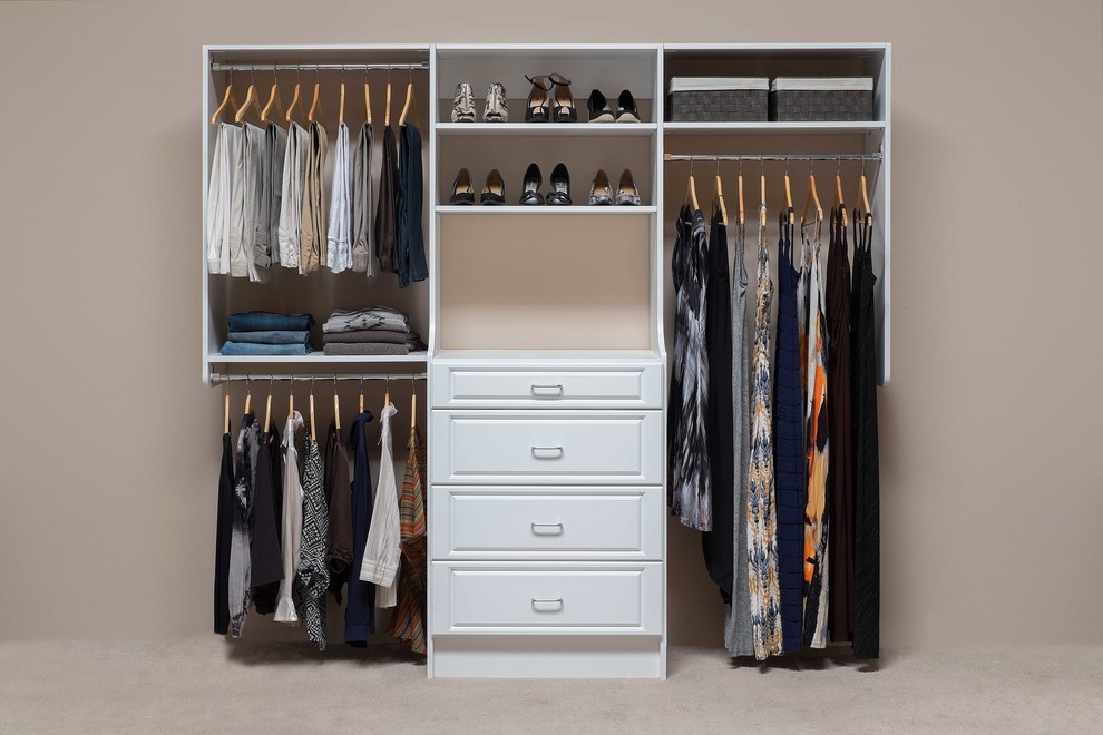 Small transitional women's carpeted reach-in closet photo in Denver with raised-panel cabinets and white cabinets