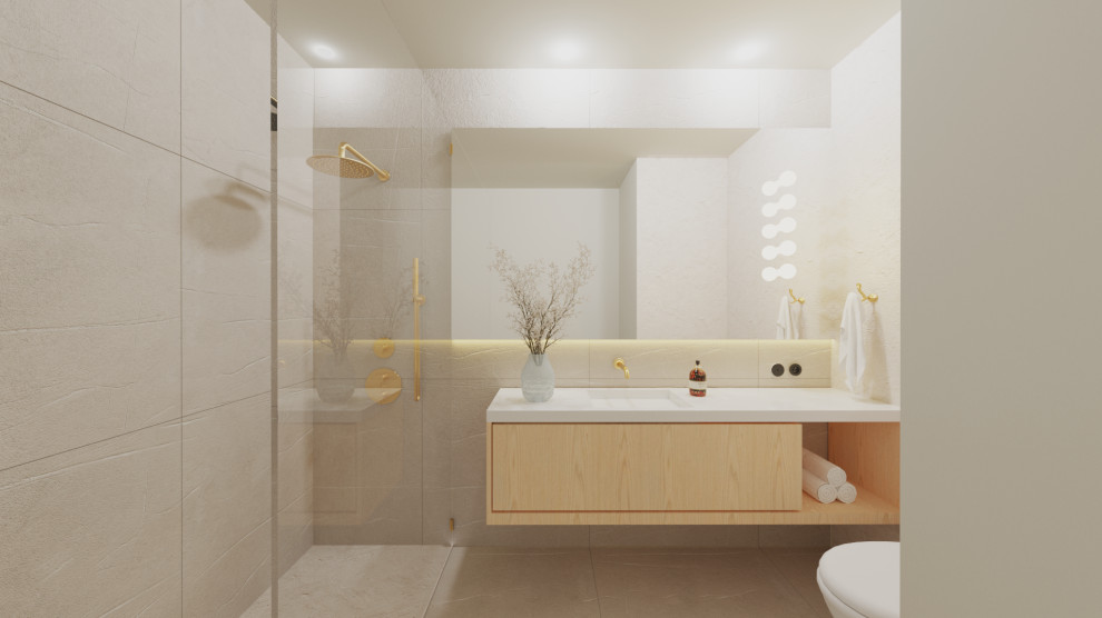Photo of a small modern master bathroom in Madrid with furniture-like cabinets, white cabinets, beige tile, wood benchtops, a single vanity and a built-in vanity.