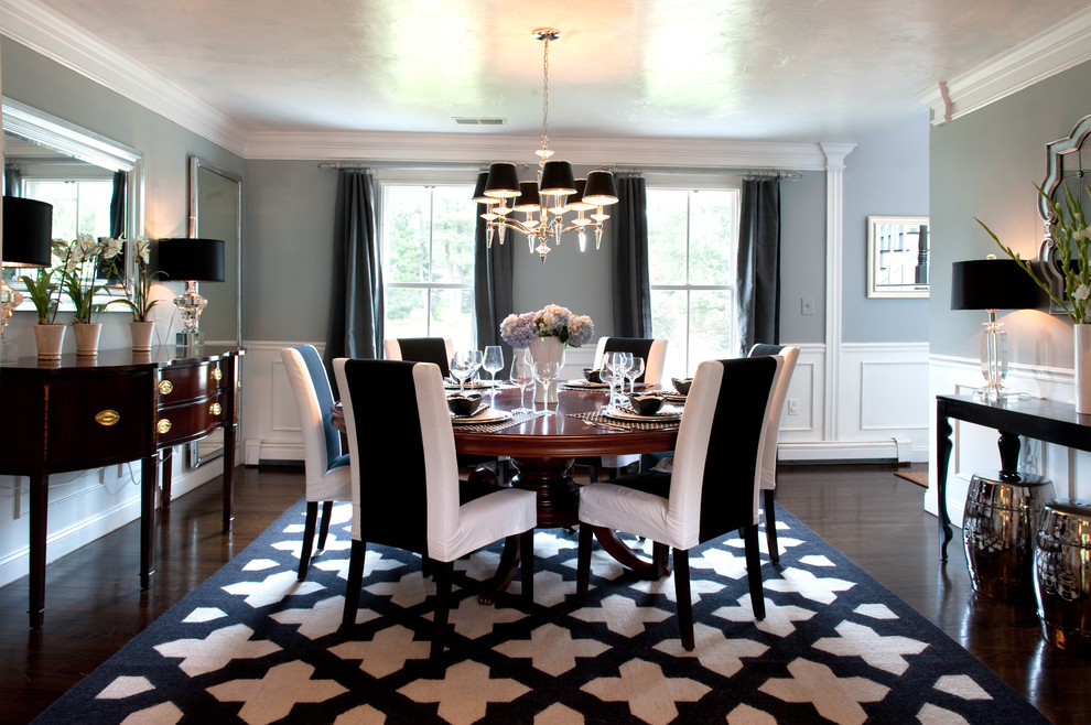 Traditional dining room in Boston with grey walls.