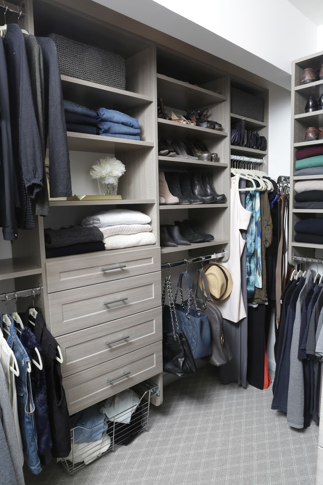Imagen de armario vestidor unisex actual con armarios con paneles lisos, puertas de armario grises, moqueta y suelo beige