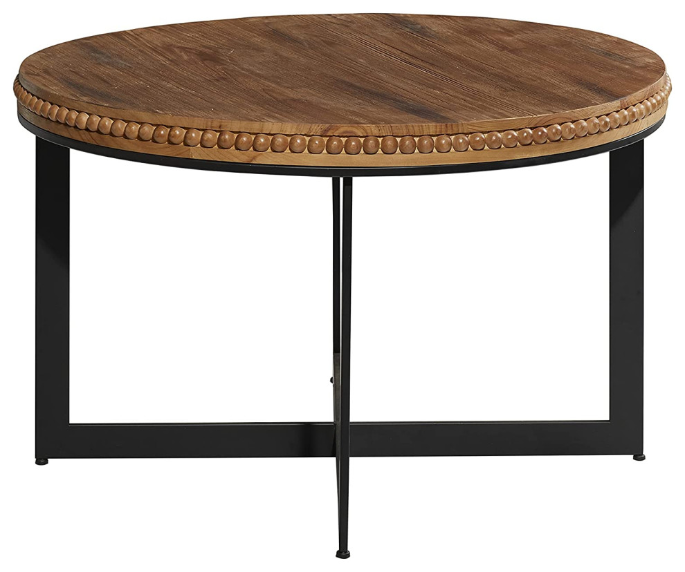 Industrial Coffee Table, Black Metal Base With Rounded Wood Top