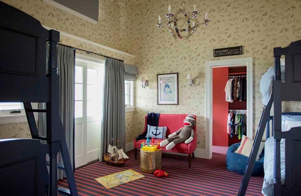 This is an example of a large traditional kids' bedroom for boys in Los Angeles with multi-coloured walls and carpet.