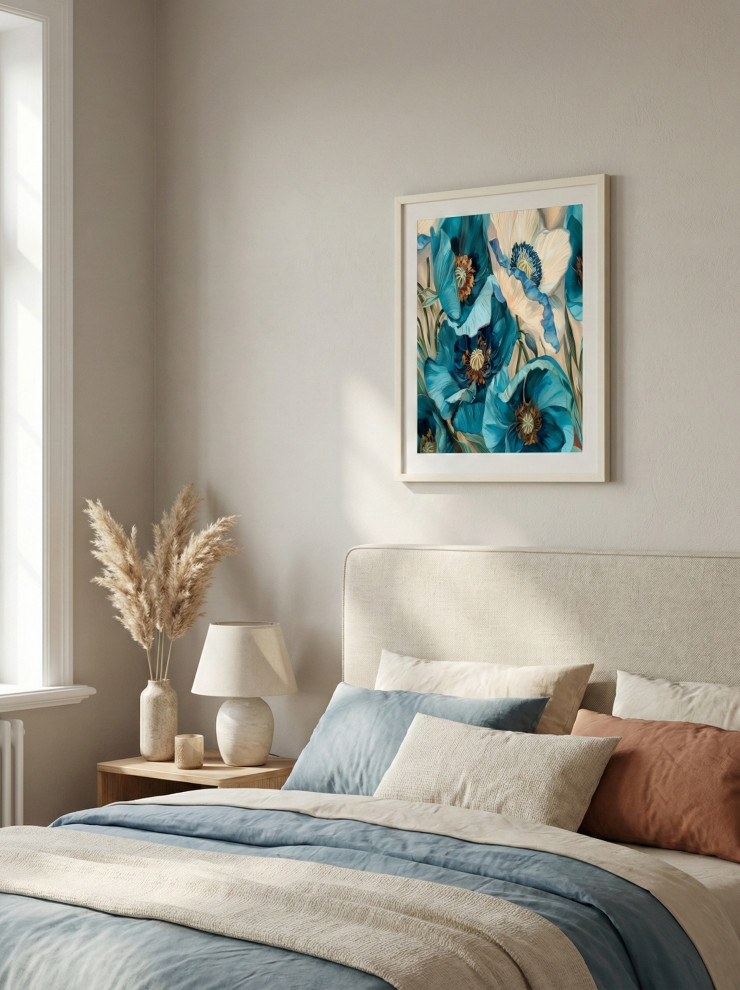Serene Organic Modern Bedroom with Vibrant Blue Floral Art ...