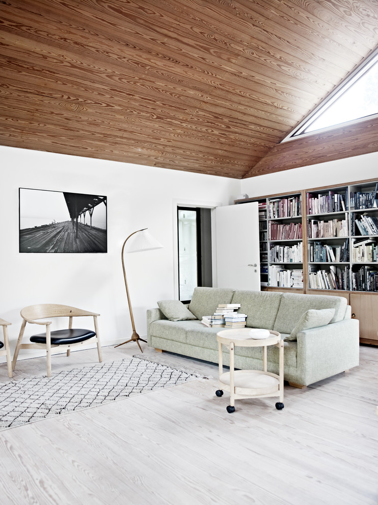 Inspiration for a mid-sized scandinavian formal open concept living room in Copenhagen with white walls and light hardwood floors.