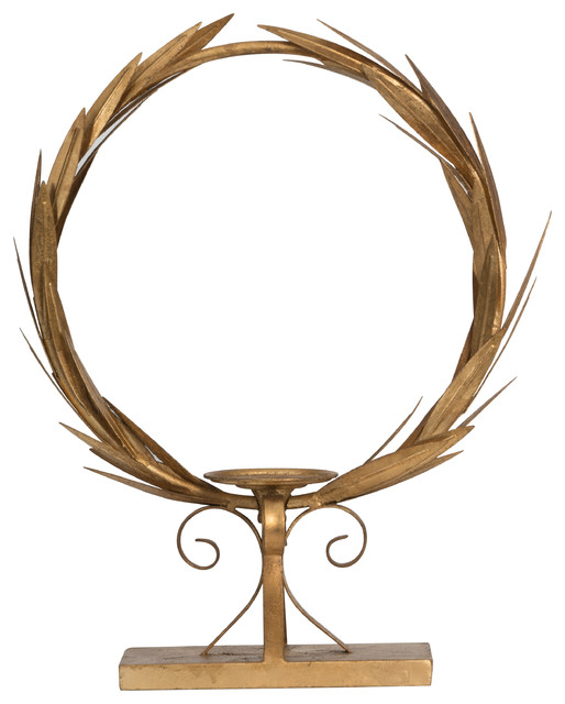 Antiqued Gold Metal Leaf Wreath Candle Holder Traditional