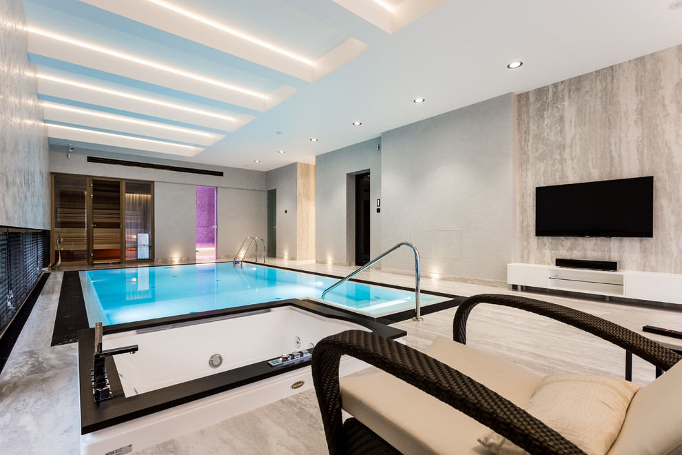 Design ideas for a large contemporary indoor rectangular lap pool in Saint Petersburg with a hot tub and tile.