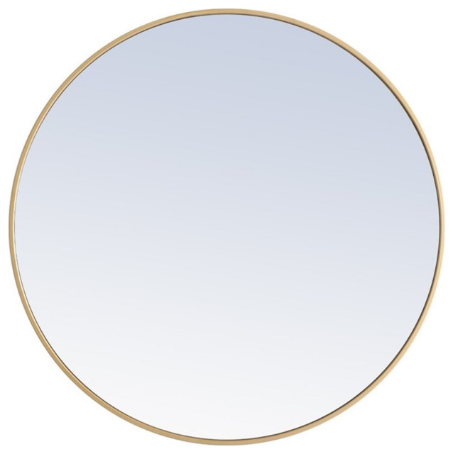 Pemberly Row 36" Round Contemporary Metal Frame Mirror in Brass