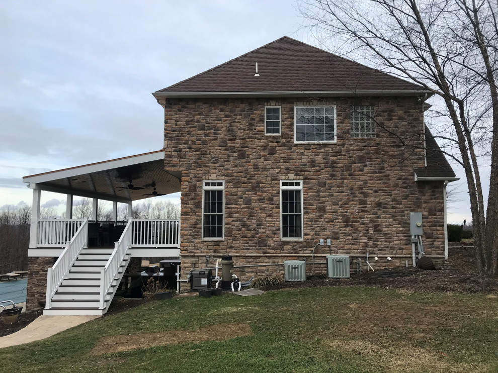 Exterior Stone Work, New Deck Roof, Stained Pine Deck Ceiling, New Deck