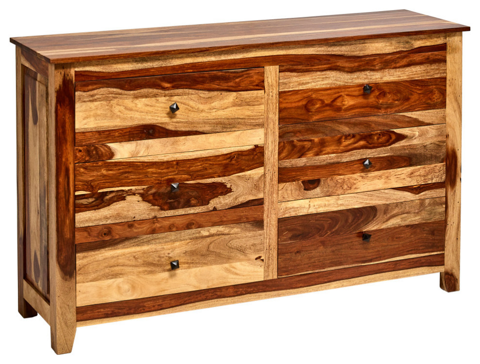 58" Two Tone Rustic Wood Farmhouse Double Dresser 6 Drawers Rustic