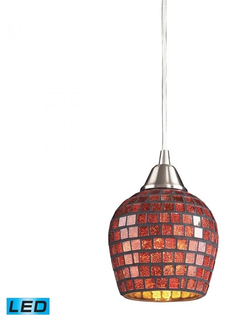 Fusion One Light LED Pendant In Satin Nickel And Copper Mosaic Glass