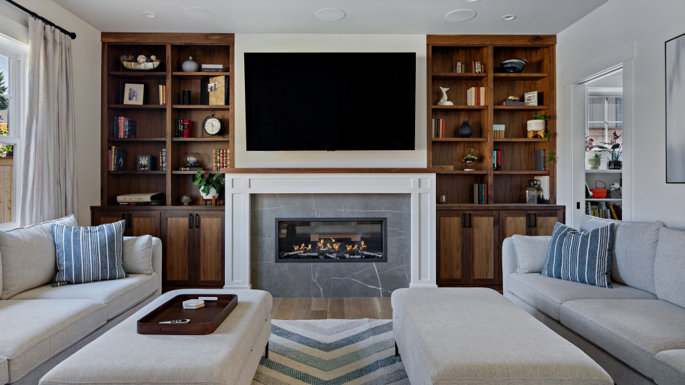 Example of a transitional living room design in Seattle