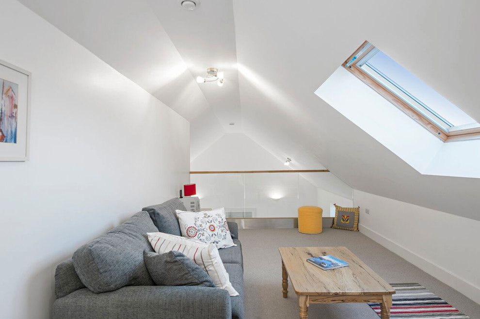Photo of a large scandinavian loft-style living room in Dublin with white walls, carpet, no fireplace and no tv.