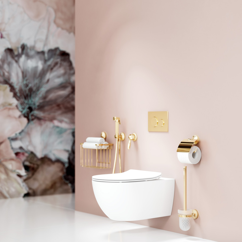 Idéer för ett badrum, med en vägghängd toalettstol, rosa väggar och vitt golv