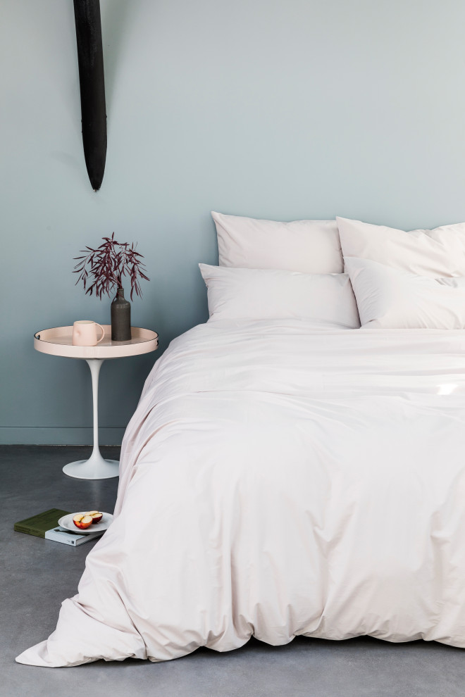 Cette image montre une chambre minimaliste avec un mur bleu, un sol en linoléum, un sol gris et poutres apparentes.