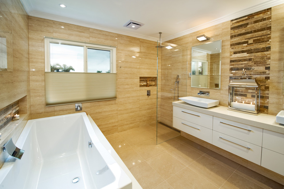 This is an example of a modern bathroom in Melbourne with a vessel sink.