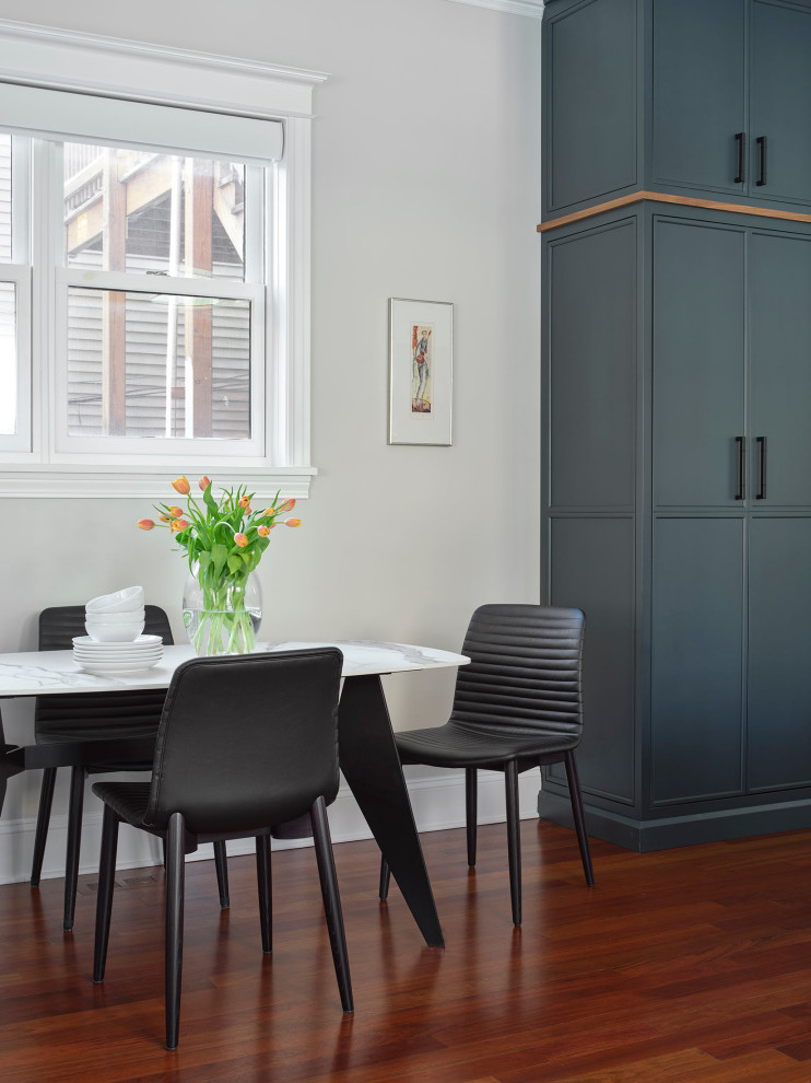 Example of a transitional dark wood floor and brown floor eat-in kitchen design in Chicago with green cabinets