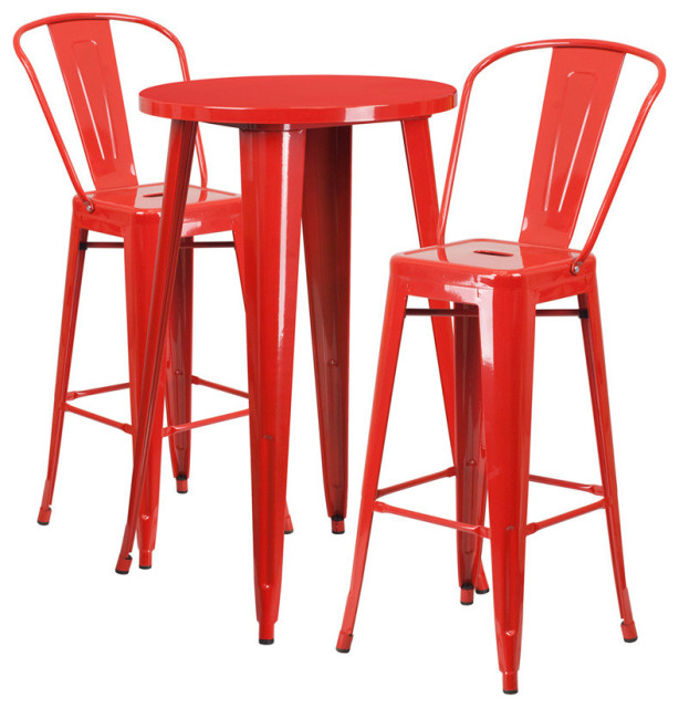 Commercial Grade 24" Round Red Metal IndoorOutdoor Bar Table Set, 2