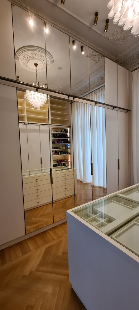 Источник вдохновения для домашнего уюта: большой встроенный шкаф в стиле неоклассика (современная классика) с стеклянными фасадами для женщин